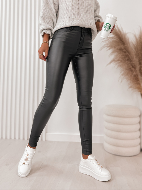 PANTALON CUIR LISSE AVEC TAILLE HAUTE GRAPHITE